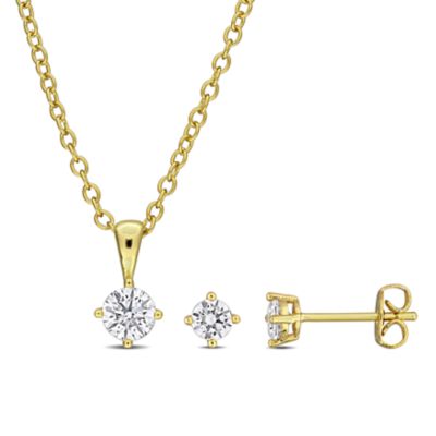 Haylee Jewels Cubic Zirconia Earrings & Pendant with Chain in Brass, Yellow