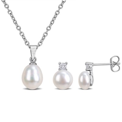 Haylee Jewels 7-8.5mm Freshwater Cultured Pearl & Cubic Zirconia Accent Earrrings & Pendant with Chain, White