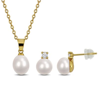 Haylee Jewels 7-8.5mm Freshwater Cultured Pearl & Cubic Zirconia Accent Earrrings & Pendant with Chain