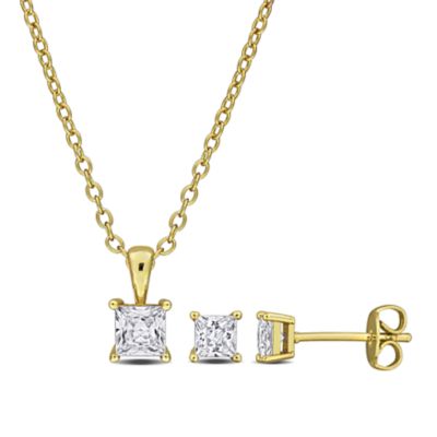 Haylee Jewels Cubic Zirconia Earrings & Pendant with Chain in Brass, Yellow