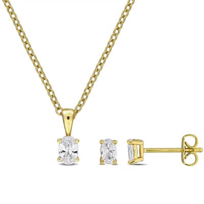 Haylee Jewels Cubic Zirconia Earrings & Pendant with Chain in Brass, Yellow