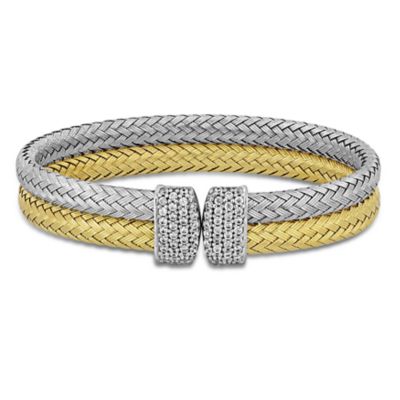 Haylee Jewels Cubic Zirconia Woven Bangle in Two-Tone Sterling Silver, Yellow