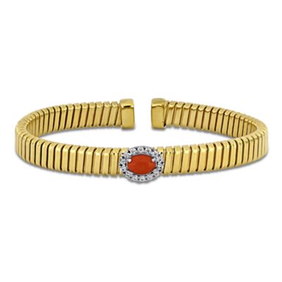 Haylee Jewels Lab Created Cubic Zirconia & Gemstone Omega Bangle in Two-Tone Sterling Silver, Red