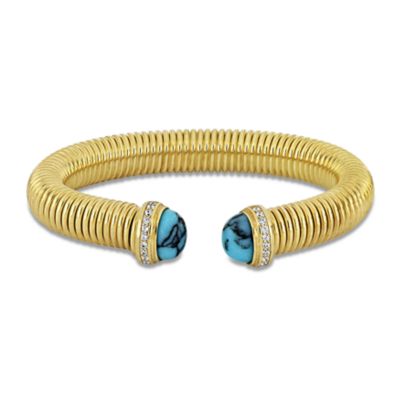Haylee Jewels Cubic Zirconia & Gemstone Omega Stretch Bangle in Yellow Plated Sterling Silver, Turquoise