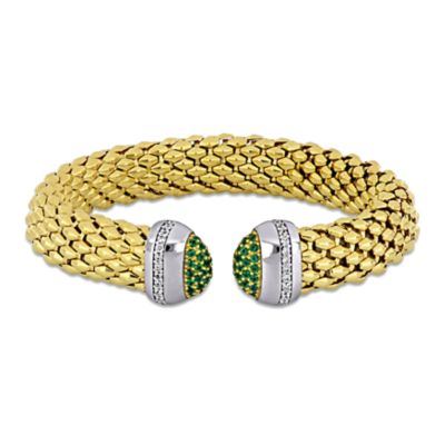 Haylee Jewels Multi-Color Cubic Zirconia Opocorn Open Bangle in Two-Tone Sterling Silver, Green