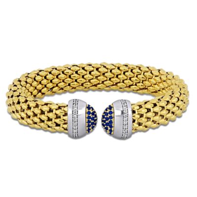 Haylee Jewels Multi-Color Cubic Zirconia Opocorn Open Bangle in Two-Tone Sterling Silver, Blue
