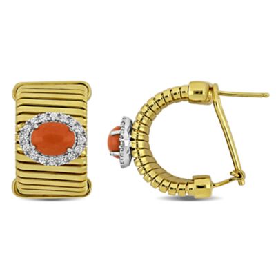 Haylee Jewels Cubic Zirconia & Gemstone Omega Earrings in Two-Tone Sterling Silver, Red