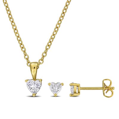 Haylee Jewels Cubic Zirconia Earrings & Pendant with Chain in Brass, Yellow