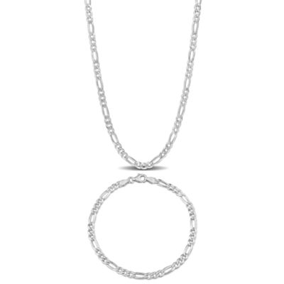 Haylee Jewels 3.8mm Figaro Chain Necklace and Bracelet Set in Sterling Silver