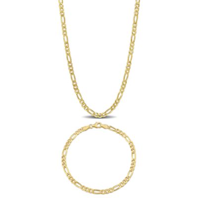 Haylee Jewels 3.8mm Figaro Link Chain Necklace and Bracelet Set in Yellow Plated Sterling Silver