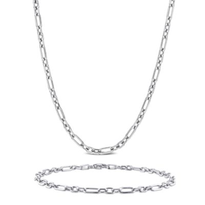 Haylee Jewels 3mm Diamond-Cut Figaro Rolo Chain Necklace and Bracelet Set in Sterling Silver