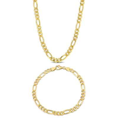 Haylee Jewels 2-Pc Set of Men's 5.5mm Figaro Chain Necklace & Bracelet in Yellow Plated Sterling Silver