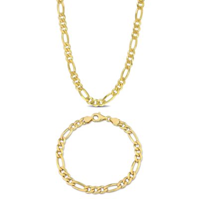 Haylee Jewels 2-PC Set Figaro Chain Necklace & Bracelet in Yellow Plated Sterling Silver