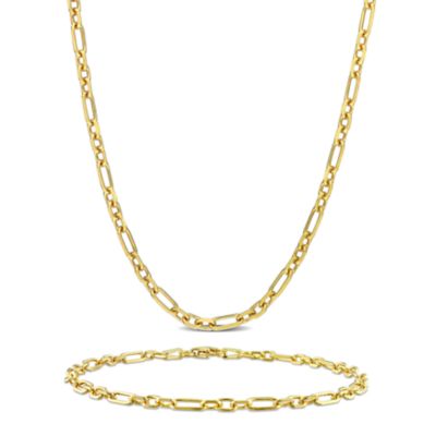 Haylee Jewels 2-Pc Set of 3mm Diamond Cut Figaro Chain Necklace & Bracelet in Yellow Plated Sterling Silver