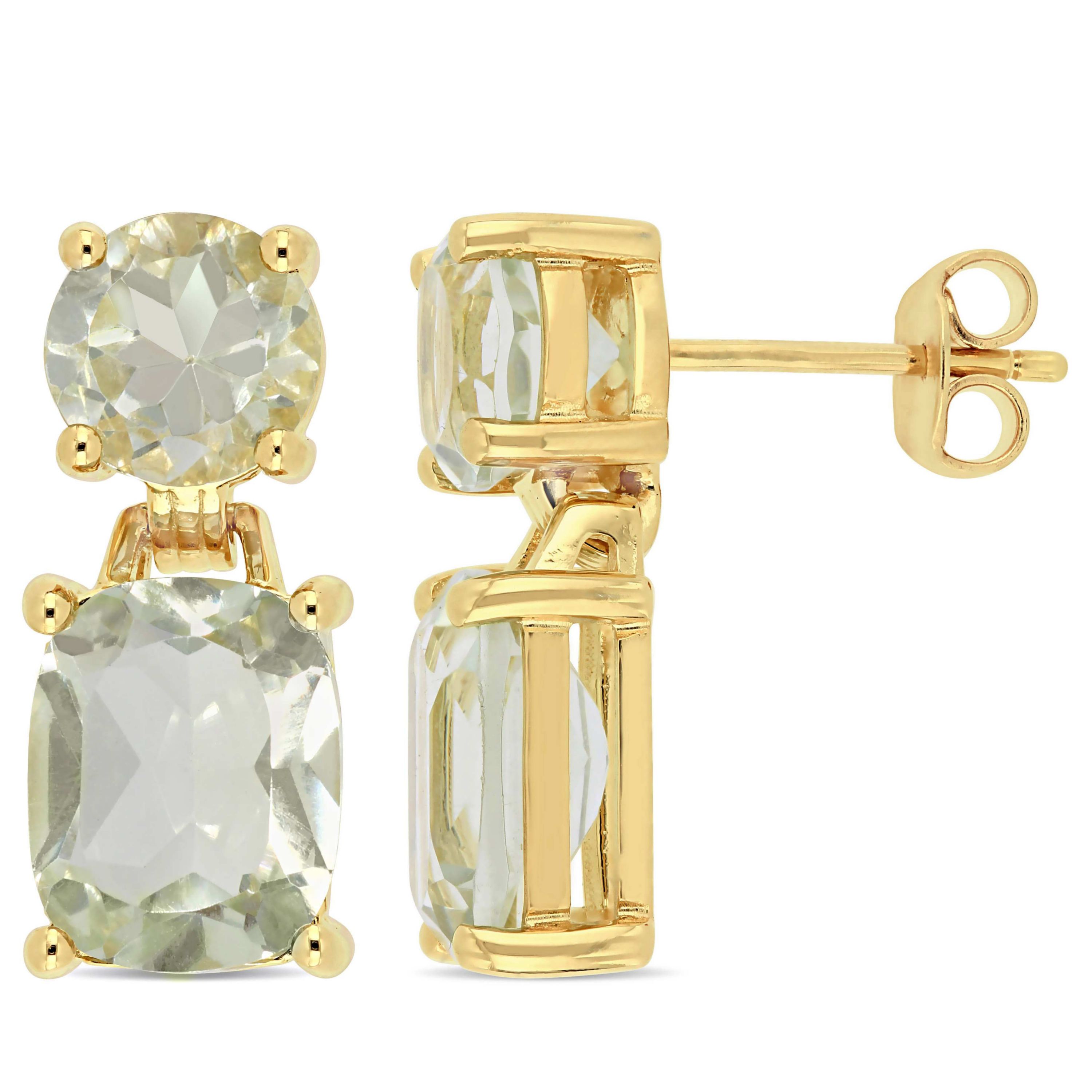 Green Quartz Dangle Earrings in Yellow Plated Sterling Silver