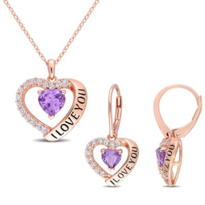 Belk & Co 2-Pc Set of Amethyst and White Topaz Heart 'I Love You' Drop Earrings and Pendant with Chain in Rose Plated Sterling Silver, Pink, 15 in