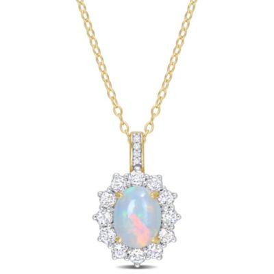 Belk & Co Opal and White Topaz with Diamond Accent Halo Pendant with Chain in Sterling Silver, 18"