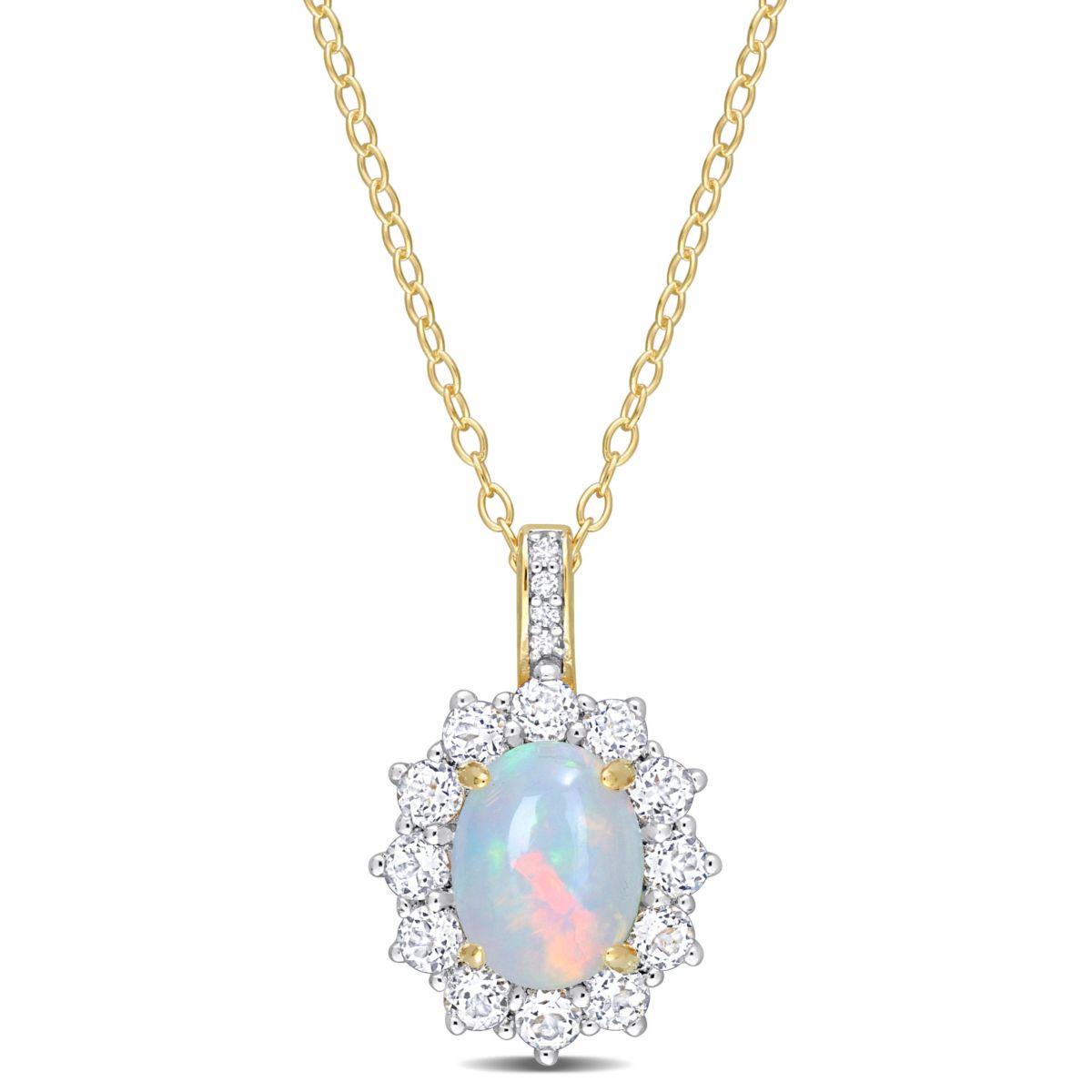 Ethiopian-Blue Opal and White Topaz with Diamond Accent Halo Pendant with Chain in Yellow Plated Sterling Silver