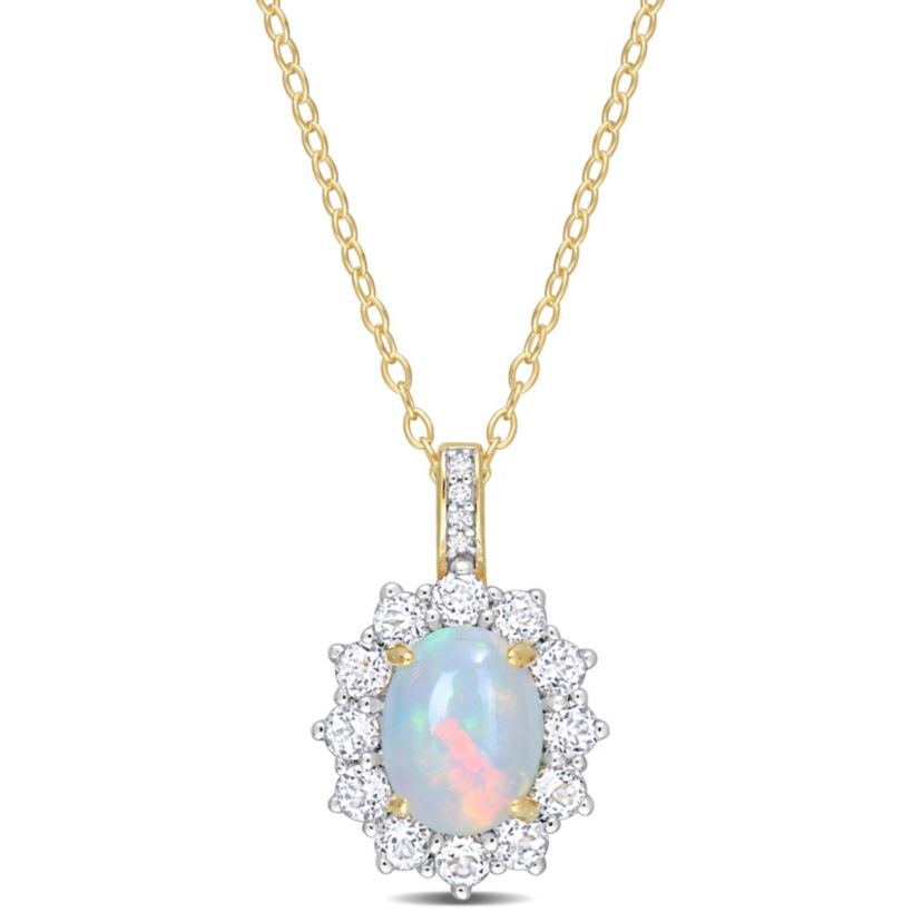 Ethiopian-Blue Opal and White Topaz with Diamond Accent Halo Pendant with Chain in Yellow Plated Sterling Silver