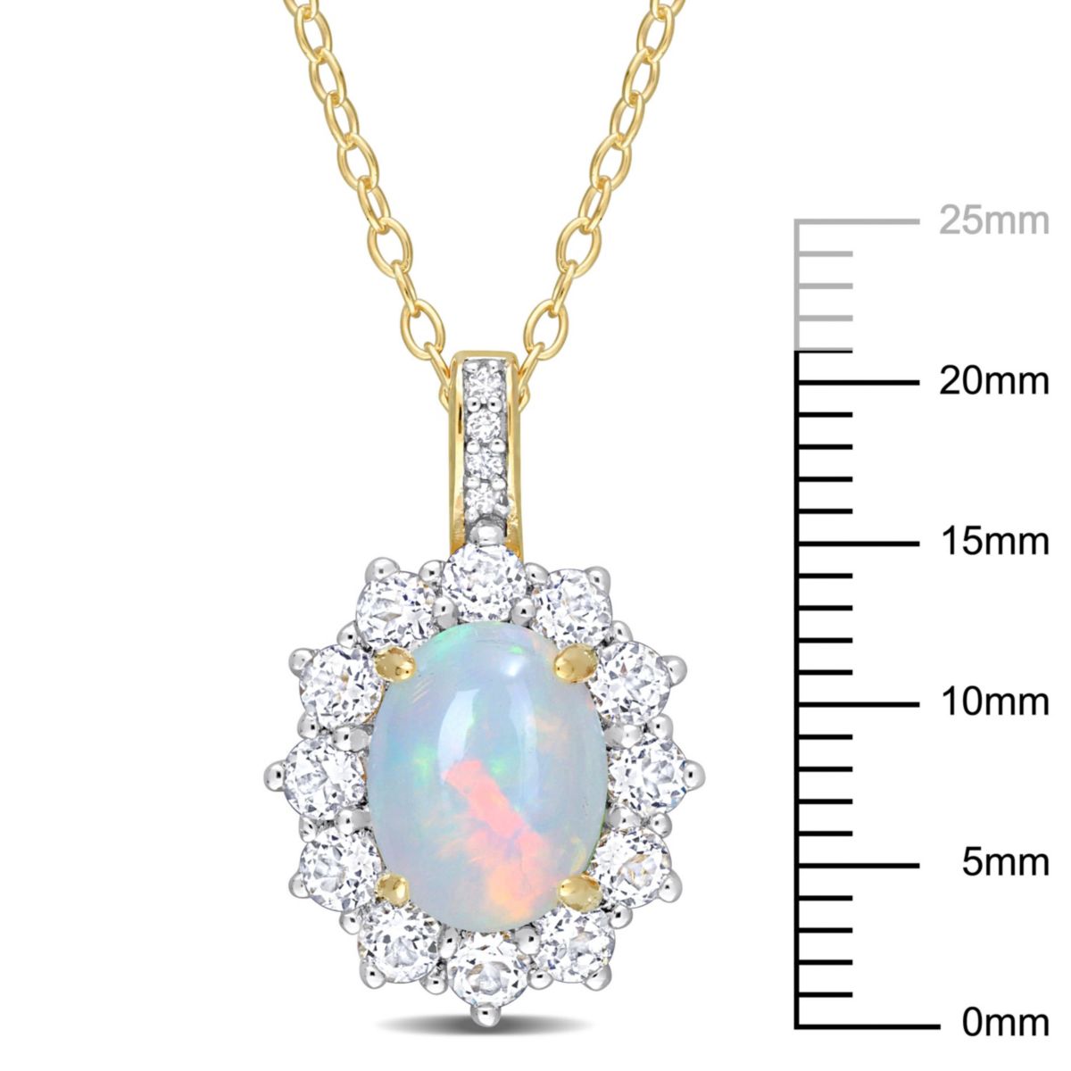 Ethiopian-Blue Opal and White Topaz with Diamond Accent Halo Pendant with Chain in Yellow Plated Sterling Silver