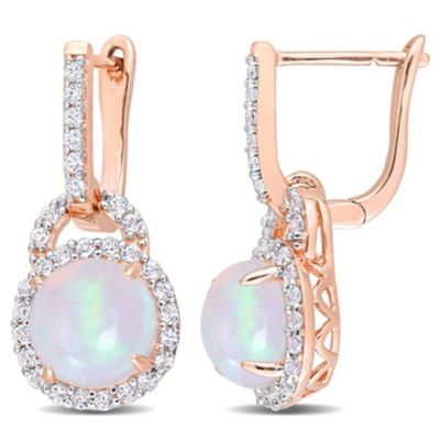 Belk & Co Blue-Ethiopian Opal and White Topaz Halo Drop Earrings in Rose Plated Sterling Silver, Pink, 15 in