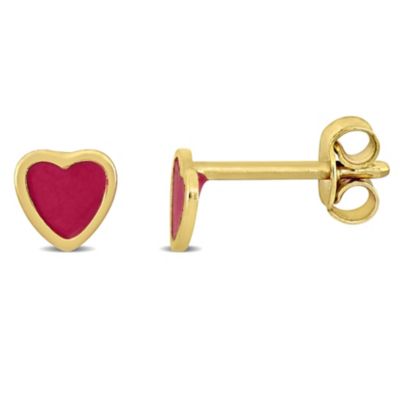 Belk & Co Red Enamel Heart Stud Earrings in 14K Yellow Gold, 15 in