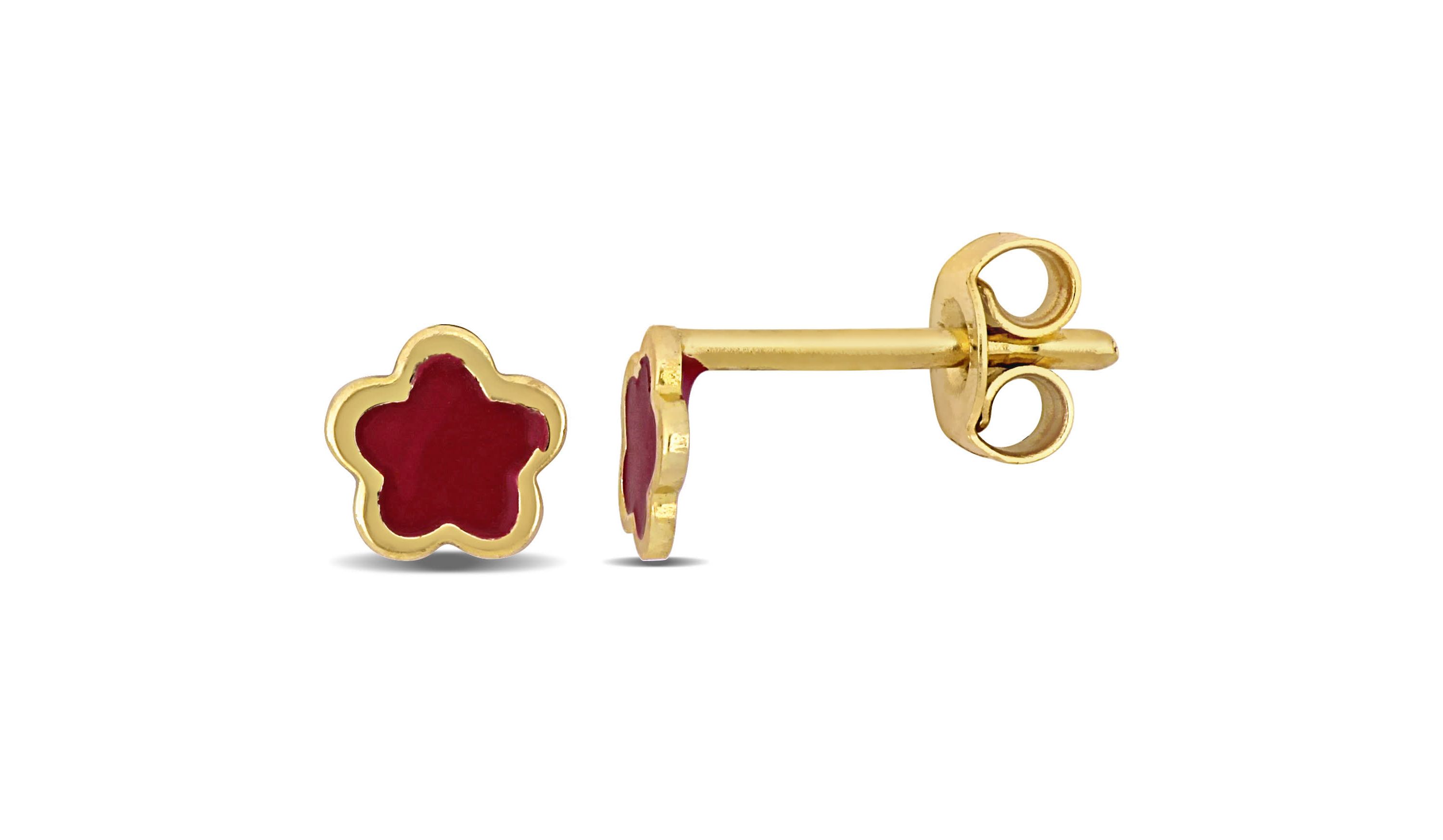 Pink Enamel Flower Stud Earrings in 14K Yellow Gold