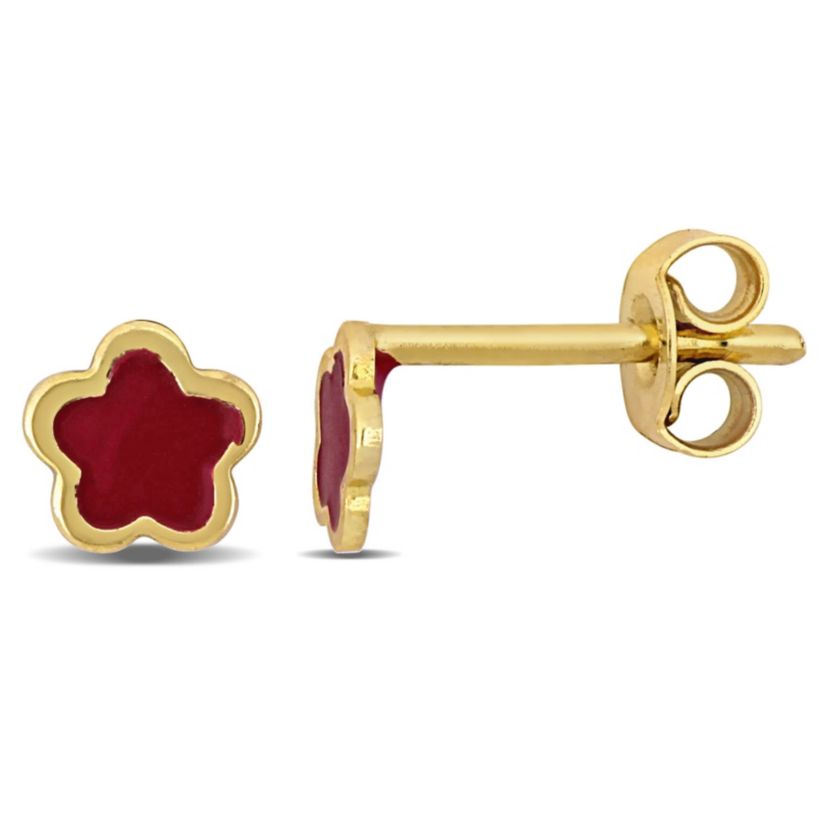 Pink Enamel Flower Stud Earrings in 14K Yellow Gold