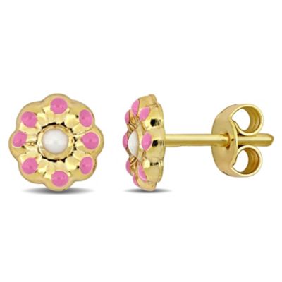 Belk & Co Pink and White Enamel Flower Stud Earrings in 14K Yellow Gold, 15 in