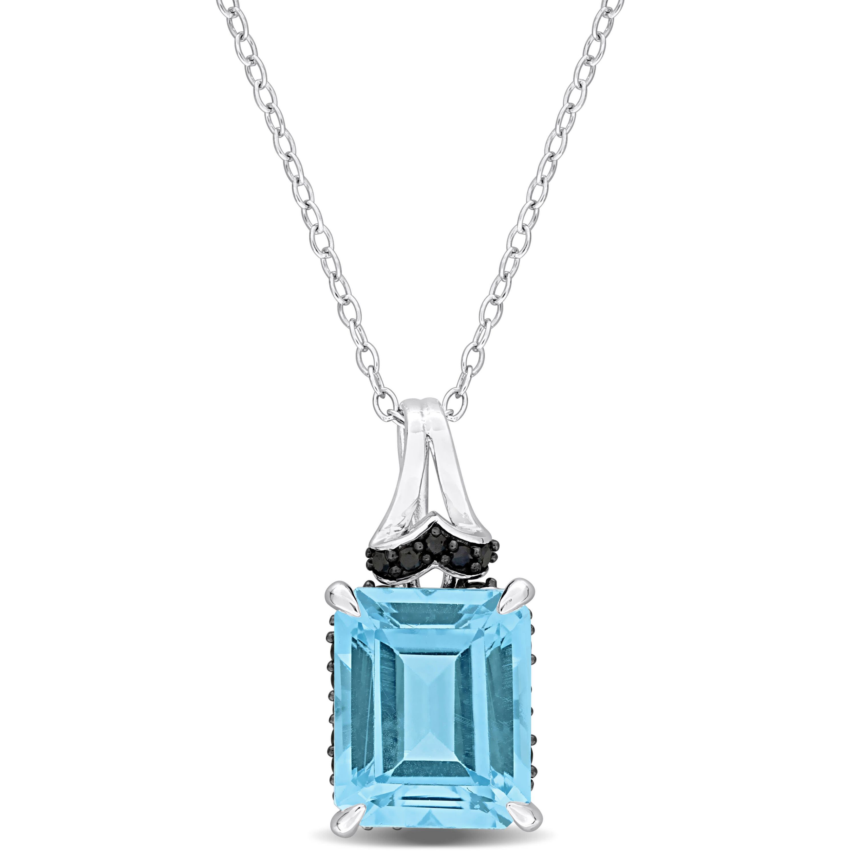 Sky Blue Topaz and Black Sapphire Pendant with Chain in Sterling Silver