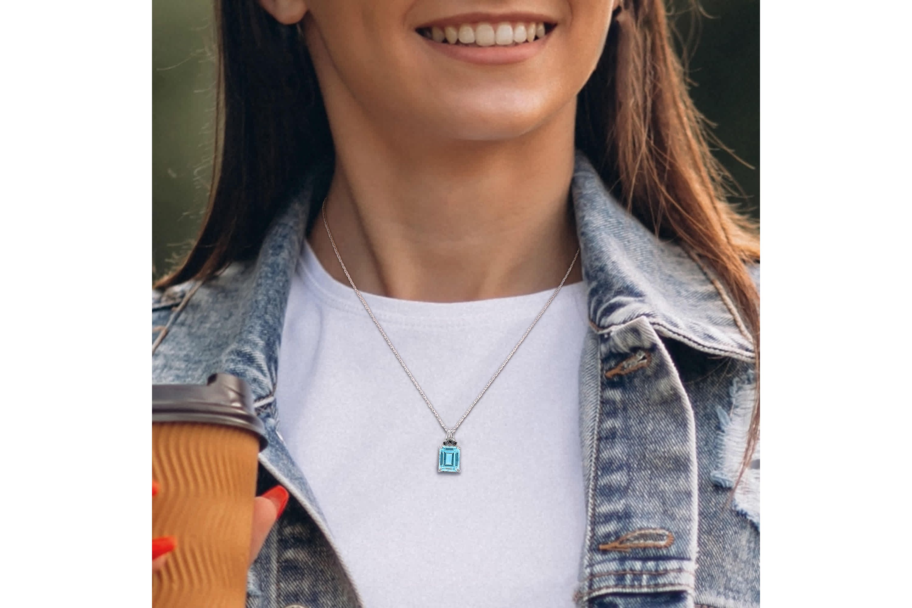 Sky Blue Topaz and Black Sapphire Pendant with Chain in Sterling Silver