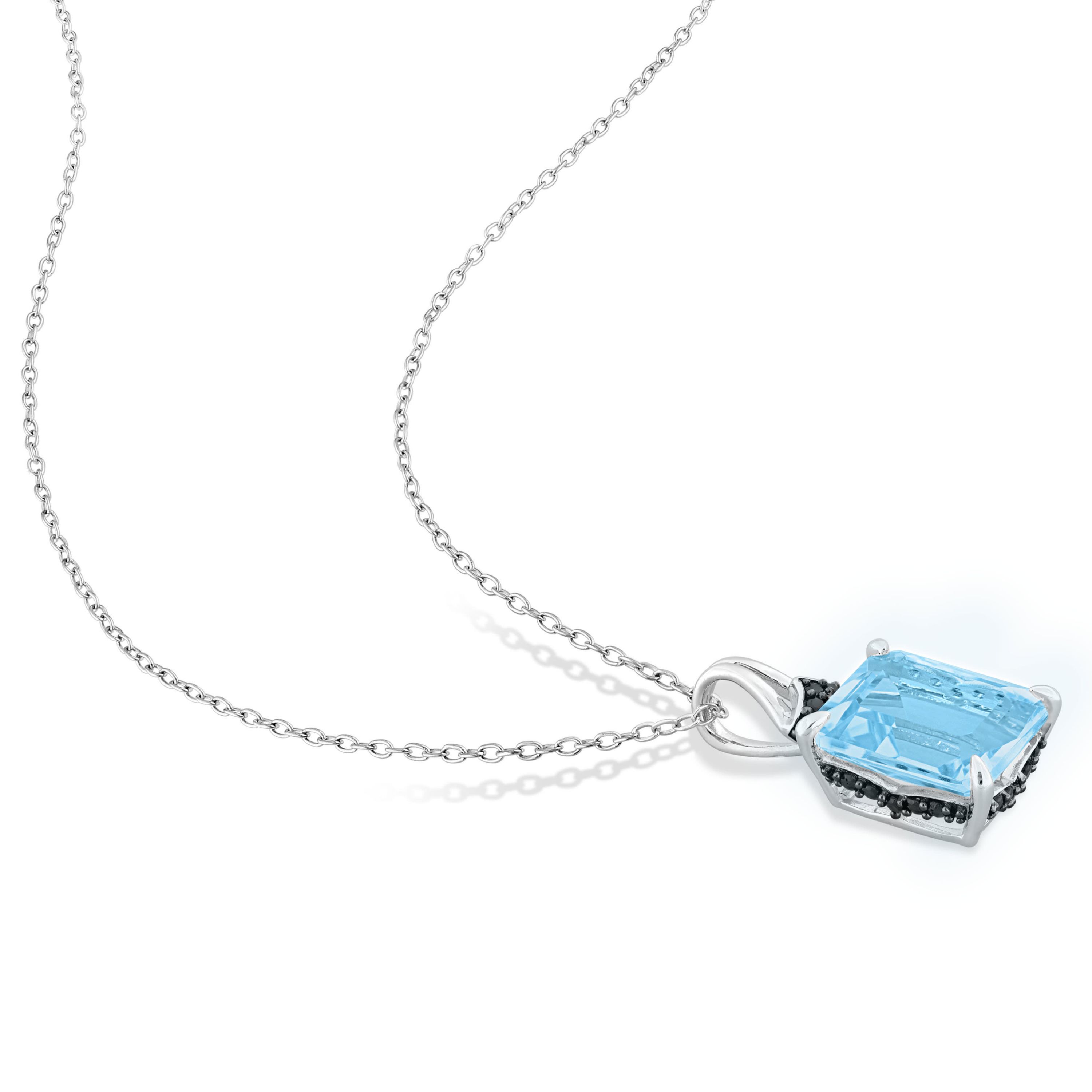 Sky Blue Topaz and Black Sapphire Pendant with Chain in Sterling Silver
