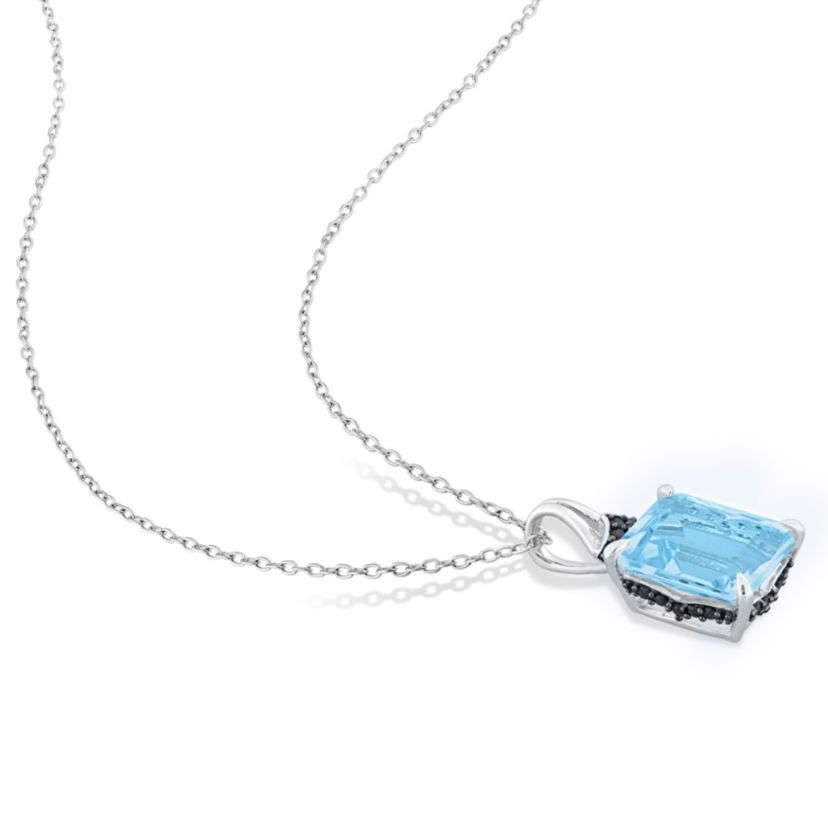 Sky Blue Topaz and Black Sapphire Pendant with Chain in Sterling Silver