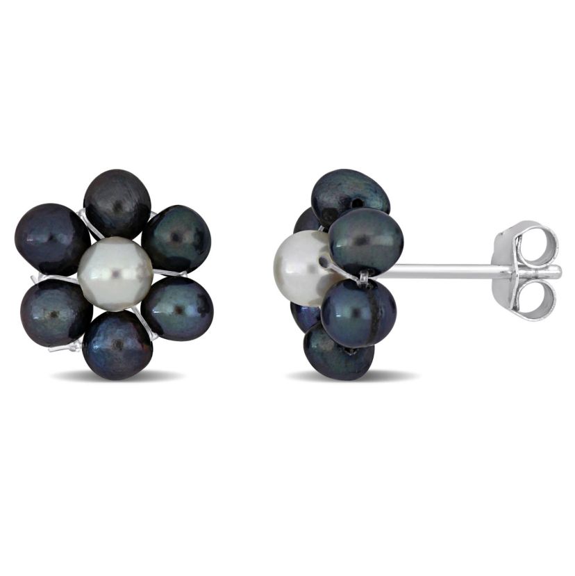 Black and White Freshwater Cultured Pearl Flower Stud Earrings in Sterling Silver