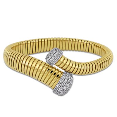 Haylee Jewels Cubic Zirconia Bypass Omega Bangle in Two-Tone Silver