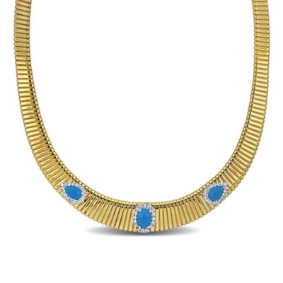 Haylee Jewels Cubic Zirconia & Composite Turquoise Omega Necklace in Yellow Plated Sterling Silver -18 in
