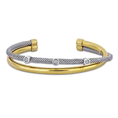 Haylee Jewels Cubic Zirconia Accent Station Double Row Twisted Bangle in Two-Tone Silver