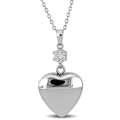 Haylee Jewels Cubic Zirconia Accent Drop Heart Locket Pendant with Chain in Sterling Silver - 18 in