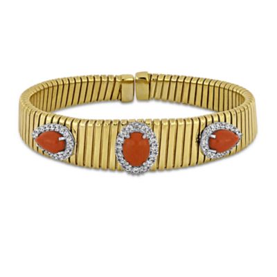 Haylee Jewels Cubic Zirconia & Created Red Coral Omega Bangle in Two-Tone Silver