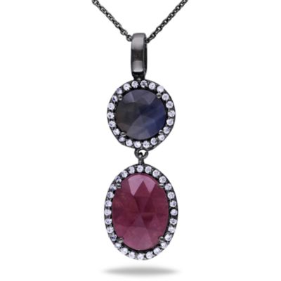 Haylee Jewels Red, Blue Sapphire & Cubic Zirconia Halo Pendant in Sterling Silver Black Rhodium Plated
