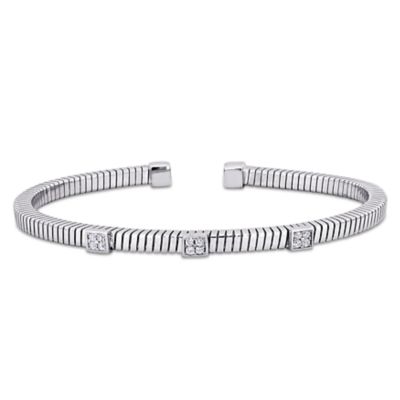 Haylee Jewels Cubic Zirconia Open Bangle in Sterling Silver - 7.5 in, White
