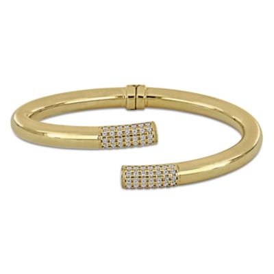 Haylee Jewels Cubic Zirconia Open Bypass Tube Bangle in Yellow Plated Sterling Silver