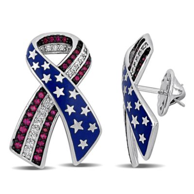 Haylee Jewels Cubic Zirconia, Blue & Red Enamel American Flag Pin in Brass, White