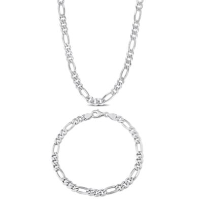Haylee Jewels Men's 5.5mm Figaro Chain Necklace and Bracelet Set in Sterling Silver - 20" + 9" Ext, White