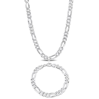 Haylee Jewels Men's 8.9mm Flat Figaro Chain Necklace and Bracelet Set in Sterling Silver - 24" + 9" Ext, White