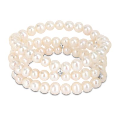 Haylee Jewels 6.5-7mm Freshwater Cultured Pearl & 3/8 ct. t.g.w. Cubic Zirconia Triple Strand Stretchable Bracelet in Sterling Silver-7.5 in