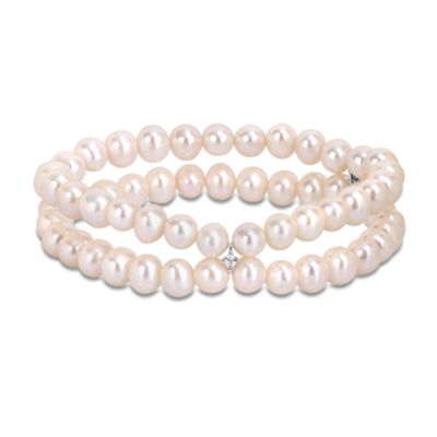 Haylee Jewels 6.5-7mm Freshwater Cultured Pearl & 1/5 ct. t.g.w. Cubic Zirconia Double Strand Stretchable Bracelet in Sterling Silver-7.5 in