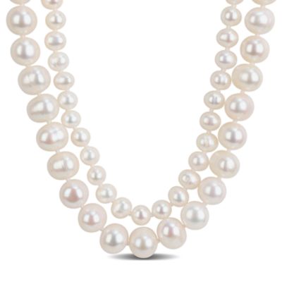 Haylee Jewels 6.5-10mm Freshwater Cultured Pearl & 1/3 ct. t.g.w. Cubic Zirconia Double Strand Necklace in Sterling Silver-17 in
