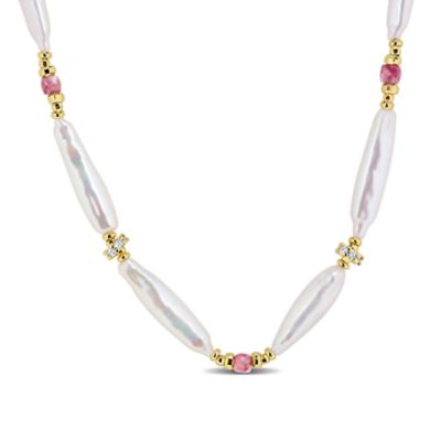 Haylee Jewels 5-25mm Freshwater Cultured Pearl, Tourmaline & Cubic Zirconia Necklace in Brass