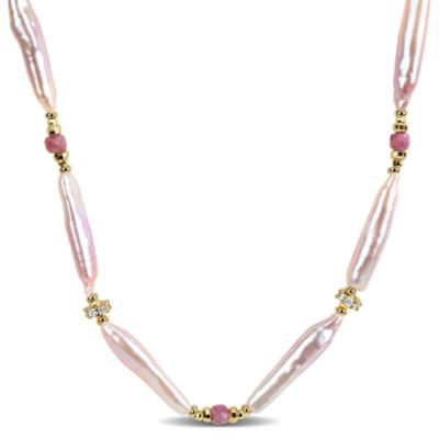Haylee Jewels 5-25mm Freshwater Cultured Pearl, Tourmaline & Cubic Zirconia Necklace in Brass, Pink